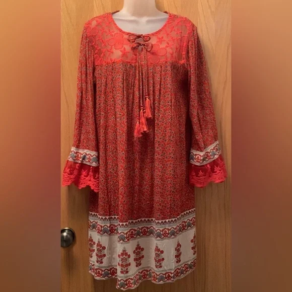Boho Red Lace Print Long Sleeved Dress S R Fashion - Picture 11 of 13